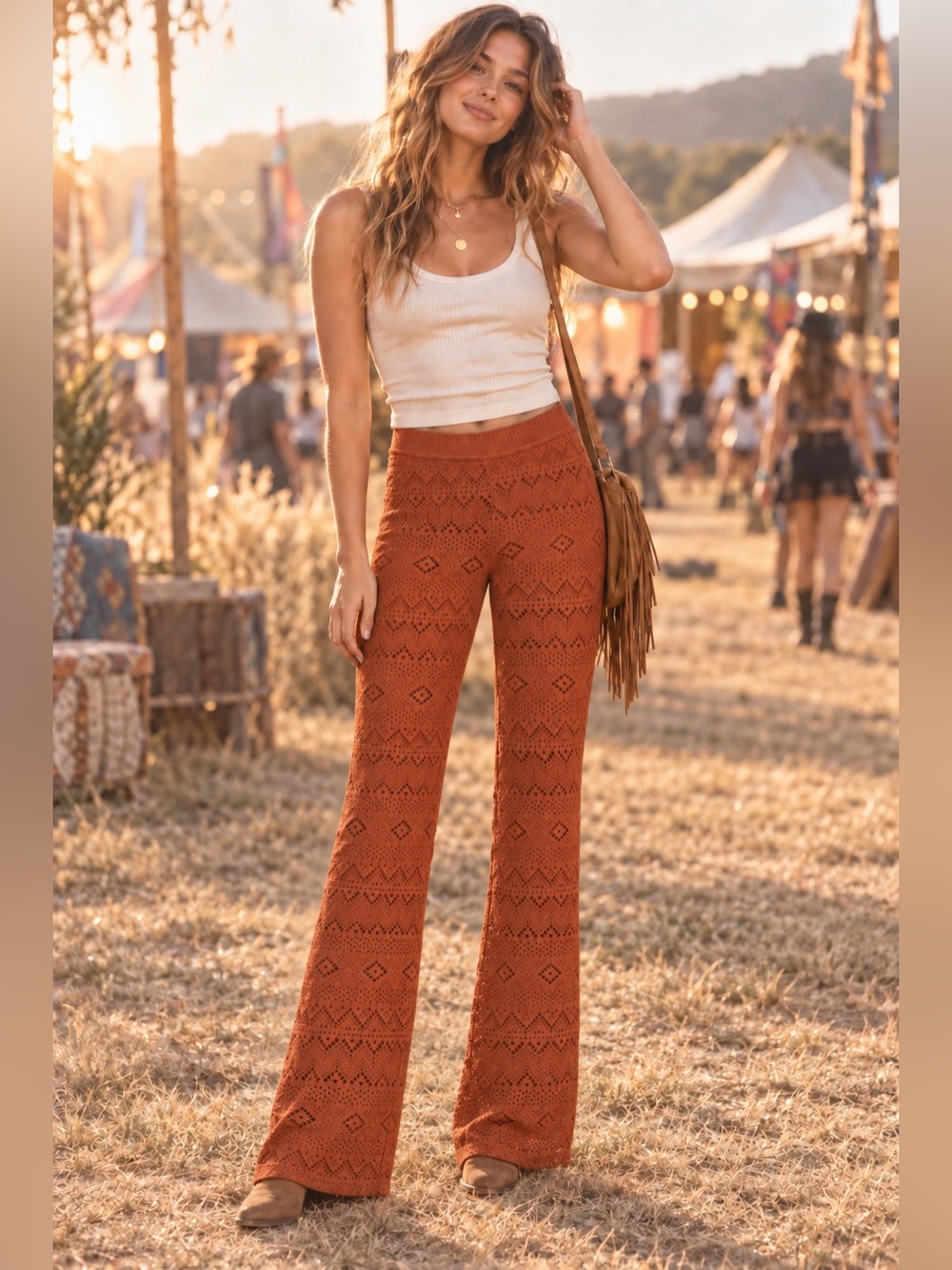 American Eagle Rust Burnt Orange Crochet Lace Flare Pants Boho Festival, XS